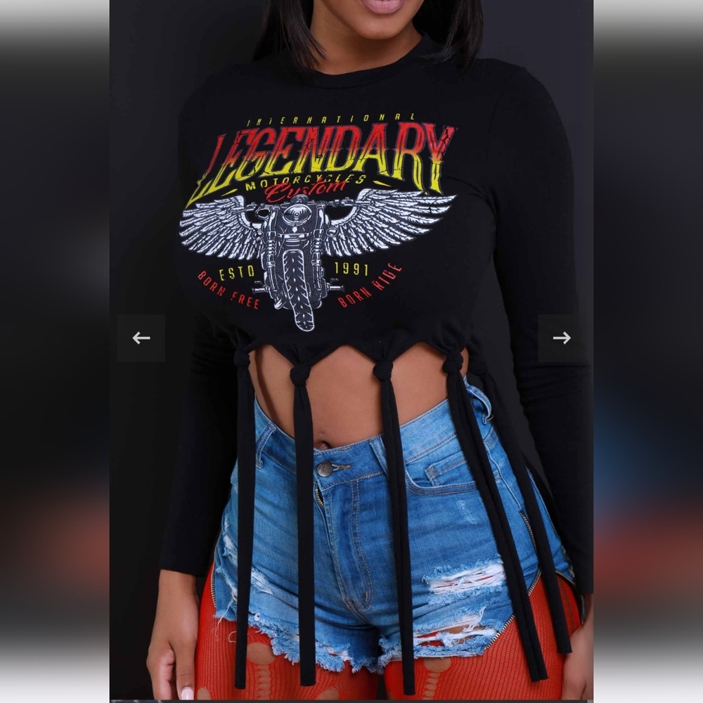 Legends Graphic Fringe Crop Top - Black